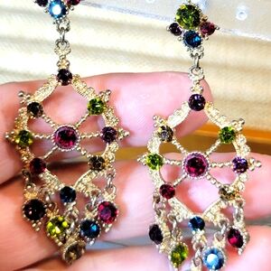 Gold Tone Multicolor Rhinestone Chandelier Earrings Pierced PostsCostume Jewelry